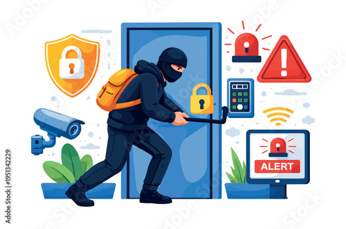 Intruder wearing a balaclava trying to force a door open with a crowbar, triggering multiple home security features