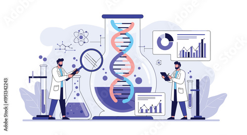 Lab researchers in white coats use a magnifying glass to inspect a massive dna spiral inside a large glass flask for genetic study.
