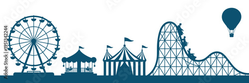 Amusement park silhouette, carnival rides, Ferris wheel, roller coaster, carousel, circus tent, theme park fun, entertainment vector design