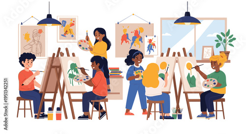 Group of diverse children sits in a bright art studio and uses palettes and brushes to paint colorful landscapes on easels.