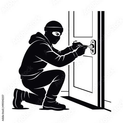 Burglar wearing a mask and beanie picking a door lock. Thief performing a break-in, representing crime, security risk, and theft