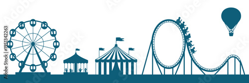 Amusement park silhouette, Ferris wheel, carousel, tent, roller coaster, theme park carnival, entertainment, fun fair vector illustration