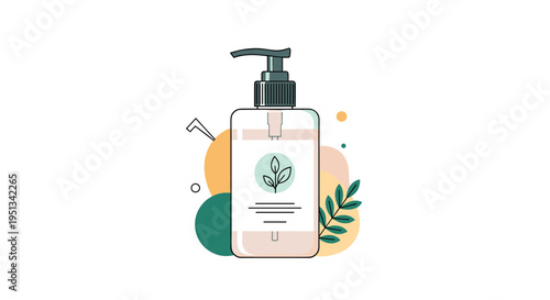 Modern pump bottle for liquid soap or lotion is decorated with minimalist leaves and colorful circles against a clean background.