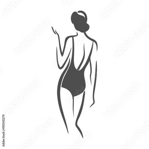 Logotipo con dibujo con líneas de una mujer con bikini de estilo retro, posando de espaldas 