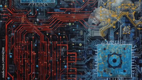 Close up of a circuit board with red and blue wiring and a central blue chip