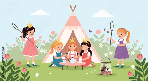 Group of little girls wearing golden crowns plays princess tea party in a backyard garden near a pink and white teepee tent.