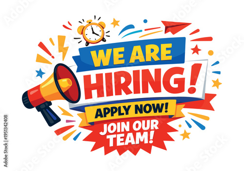 Megaphone announcing job vacancies and new opportunities, symbolizing hiring, employment, and career growth