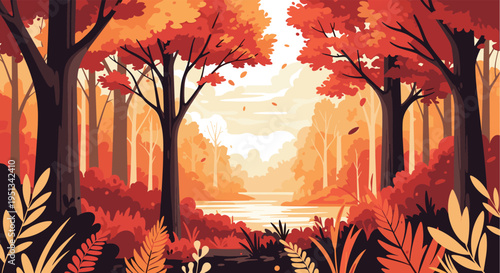 Scenic autumn landscape illustration shows a calm lake surrounded by vibrant orange and red trees under a warm sunset sky.