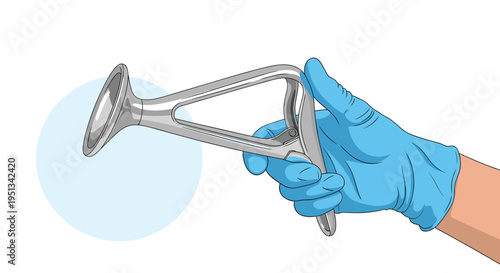 Hand wearing a blue medical glove holds a stainless steel vaginal speculum against a light blue circular background.