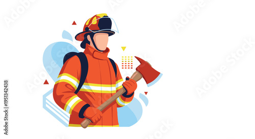 Brave firefighter in professional orange protective gear and helmet holds a large axe against an abstract background.