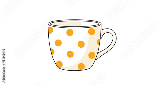 Simple white ceramic mug with bright orange polka dots is shown from a side perspective against a white background.