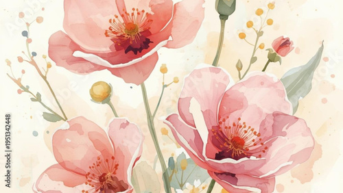 Vibrant pink poppy flowers with yellow stamens on soft beige background with green leaves and stems