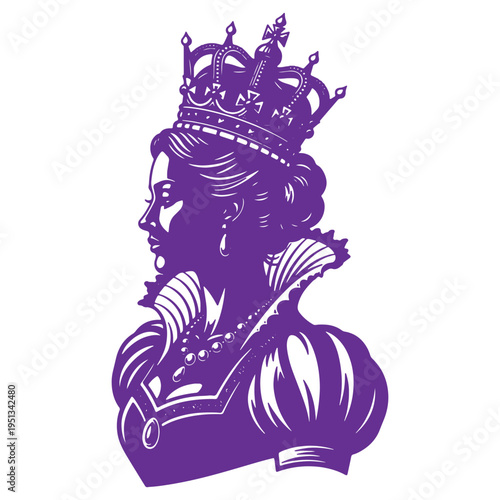 Purple queen illustration with crown and royal attire isolated on transparent background