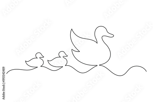 Mother duck swimming with ducklings one line art drawing