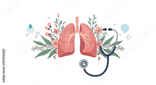 Human lungs are beautifully decorated with flowers and leaves and accompanied by a stethoscope in a medical concept.