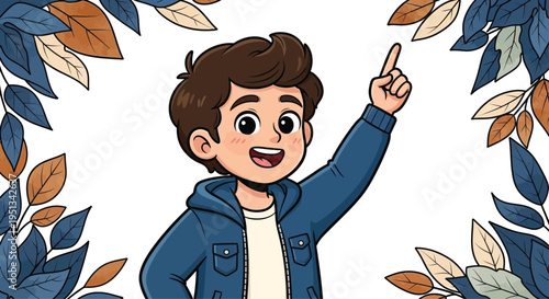 Young happy boy in a blue jacket points upward with an excited expression inside a decorative border of autumnal foliage.
