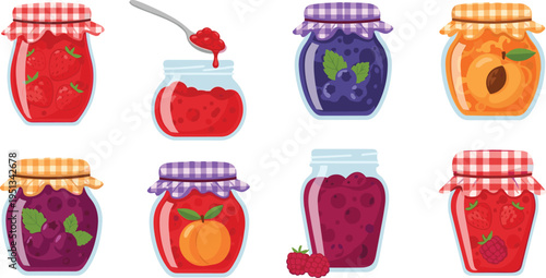 Gardening Tools and Strawberry Plants with Baskets, Gloves, and WaFruit Jam and Preserve Jars with Strawberry, Peach, Blackberry
