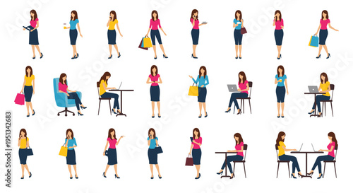 Diverse set of female character illustrations depicting various daily activities like working shopping and drinking coffee.