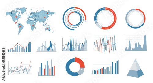 Comprehensive set of business data visualizations including world map line charts bar graphs and colorful pie diagrams.