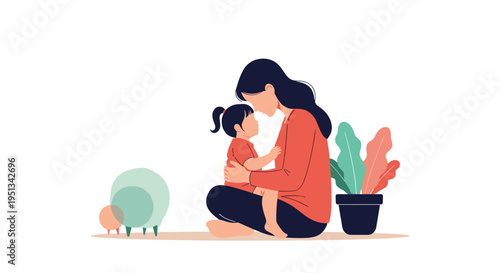 Tender moment between a mother and her toddler daughter sitting together on the floor in a minimalist home environment.