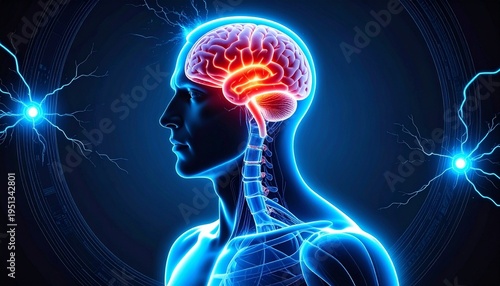 Human profile with glowing brain and spinal cord, surrounded by electric impulses, symbolizing neural activity and central nervous system.