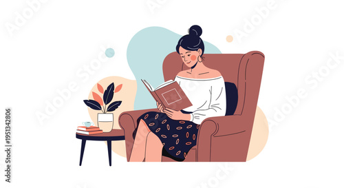 Young woman enjoys a relaxing moment reading an interesting book while sitting in a comfortable armchair at home.