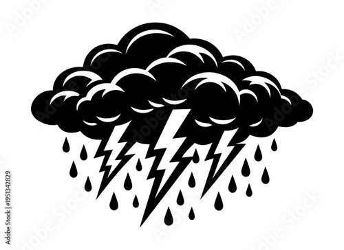 Storm clouds with rain droplets and electric lightning flashes representing bad weather, risk, and natural power