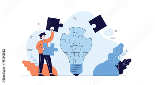 Person assembling a bright blue lightbulb shape from various interlocking jigsaw puzzle pieces symbolizing creative solutions.