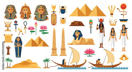 Extensive collection of ancient Egyptian icons featuring pharaoh masks pyramids sphinxes hieroglyphs and traditional reed boats.