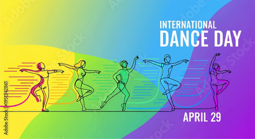 International dance day celebration with colorful dancers on rainbow background april 29