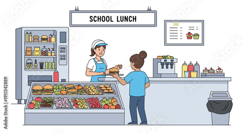 Helpful cafeteria worker serving a tasty burger to a student in a clean school lunchroom with various food options available.