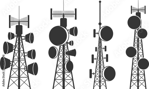 Telecommunication tower vector, black silhouette of cellular radio antennas and satellite transmitter set for technology