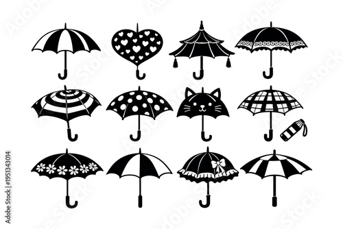 Umbrella silhouettes set featuring a variety of creative designs and styles, including heart, cat, striped, polka dot, and floral patterns