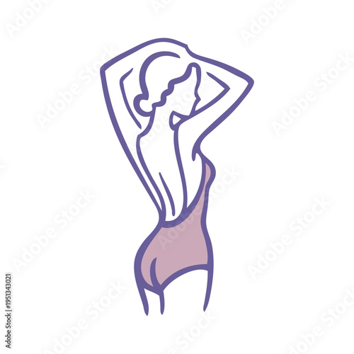 Logotipo con dibujo con líneas de una mujer con bikini de estilo retro, posando de espaldas con los brazos en la cabeza 