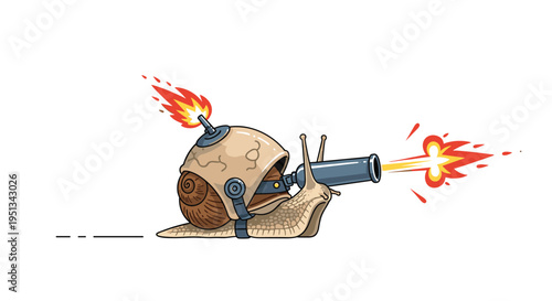 Armored cartoon snail with a mechanical shell and a built-in cannon firing a powerful blast forward during an attack.