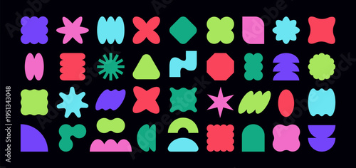 Y2K sticker set bold geometric shapes, stars, and abstract figures in vibrant colors. Basic Geometric Figure png Kit. Trendy vector element for retro poster, badge and modern graphic design project