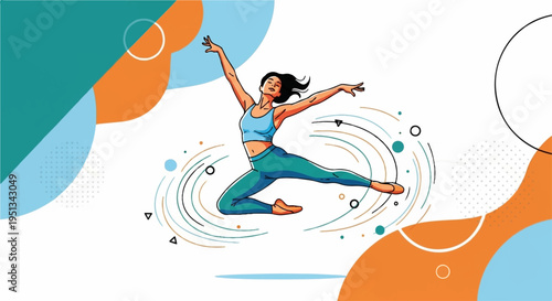 Woman in teal workout gear jumping energetically with dynamic lines and colorful abstract shapes around her