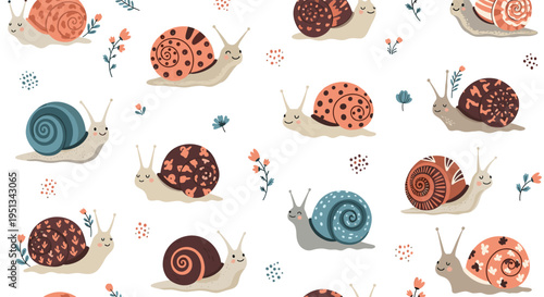 Charming seamless pattern featuring several varieties of cute cartoon snails with colorful patterned shells and tiny flowers.