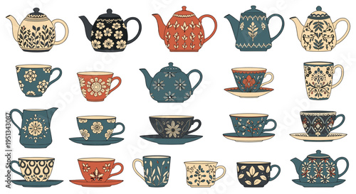 Beautiful collection of vintage ceramic teapots and teacups decorated with intricate traditional floral and leaf patterns.