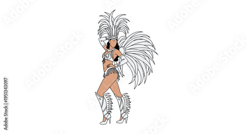 Elegant carnival dancer wearing a detailed white feathered costume and headdress in a simple line art illustration style.
