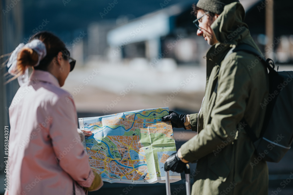 Obraz premium Two tourists examine a folded city map while standing with luggage outdoors. A couple studies directions together as they plan their travel route.