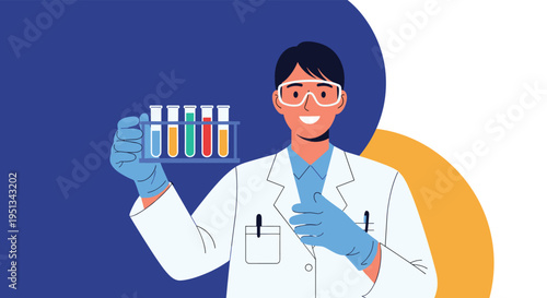 Smiling male scientist in a white lab coat and safety goggles proudly holds a rack of colorful test tubes against a blue background.