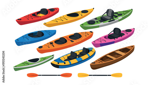 Collection of colorful kayaks, inflatable canoes, and paddles for boating, active lifestyle, and leisure activities