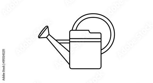 Minimalist black and white line drawing of a classic garden watering can with a large handle and long spout on a plain white background.