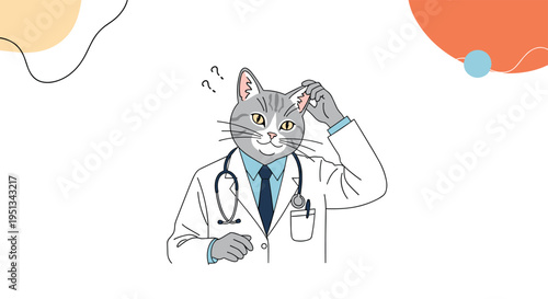 Humorous illustration depicts a tabby cat dressed as a professional doctor wearing a white coat and stethoscope while looking very confused.