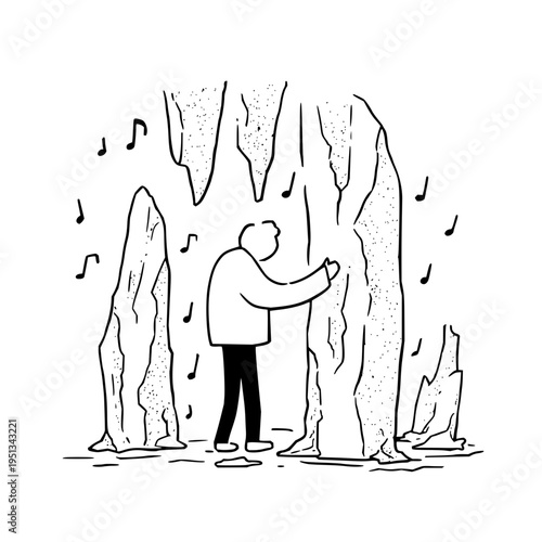 Minimalist line art illustration of a person touching ancient cave stalactites surrounded by musical notes representing resonance and the serene sounds of nature depicted