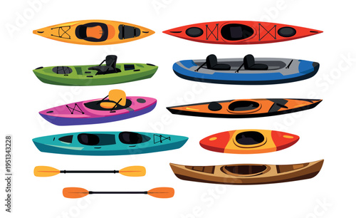 Kayak and canoe set in different types and bright colors, featuring paddles ready for water adventures and boating sports