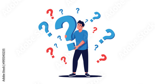 Young man in a blue shirt looks bewildered while surrounded by numerous red and blue question marks symbolizing doubt or decision making.