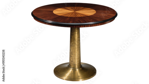 Canvastavla Isolated elegant round pedestal table with intricate wood veneer top and polishe