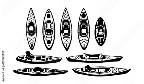 Different kayak and canoe silhouettes presenting an overhead and side view, including sit-on-top and sit-in types